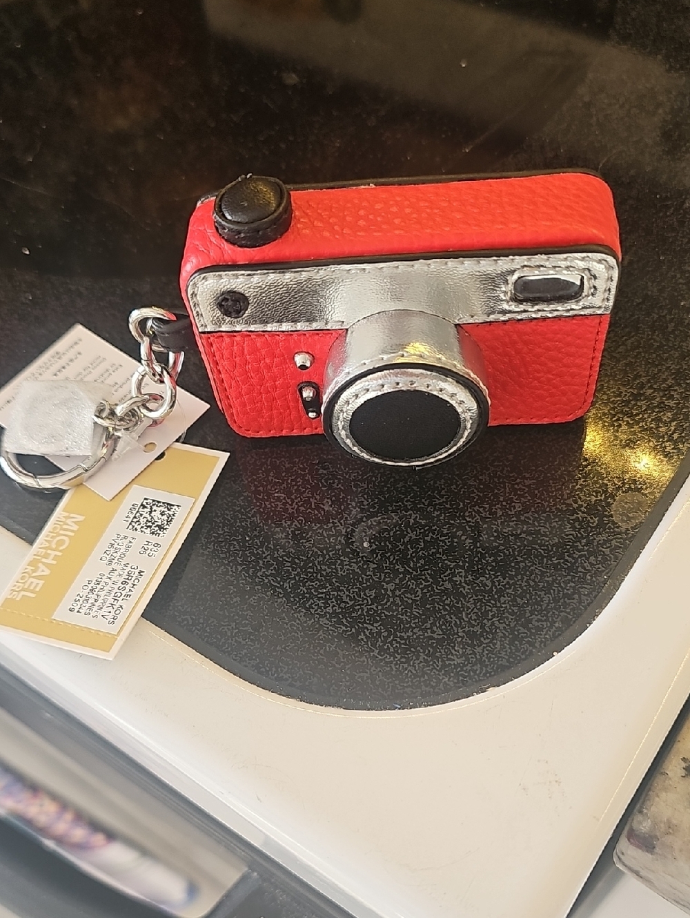 MICHAEL Michael Kors Red Camera Key Holder with Silver Accents